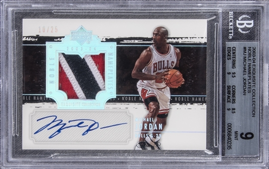 2003-04 UD "Exquisite Collection" Noble Nameplates #MJ Michael Jordan Signed Game Used Patch Card (#10/25) – BGS MINT 9/BGS 10